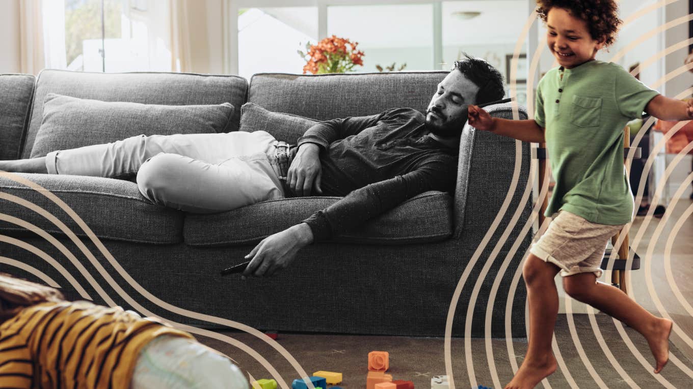 Want To Keep A Spouse? Don't Be A Couch Creature Dad sleeping on couch while kids make a mess and run around