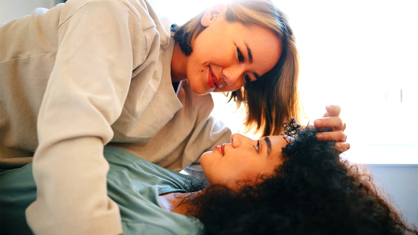 lesbian couple cuddling