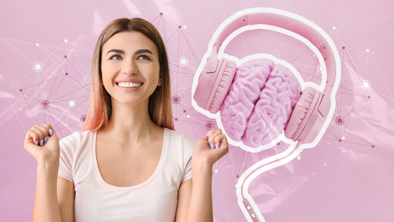 Woman, brain and neurons listening to music on a pink background