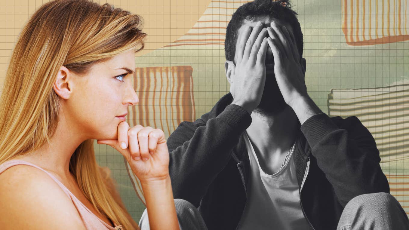 Troubled man and a woman curiously looking at him, planning to 'fix' him