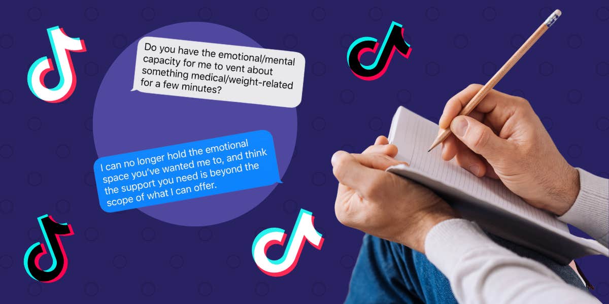 Writer's Call-Out Of Weaponized 'Therapy-Speak' Sparks Debate — Some Say It's Nothing New & Dangerously Stigmatizes Therapy Weaponized "Therapy-Speak" text messages, therapist writing in notebook