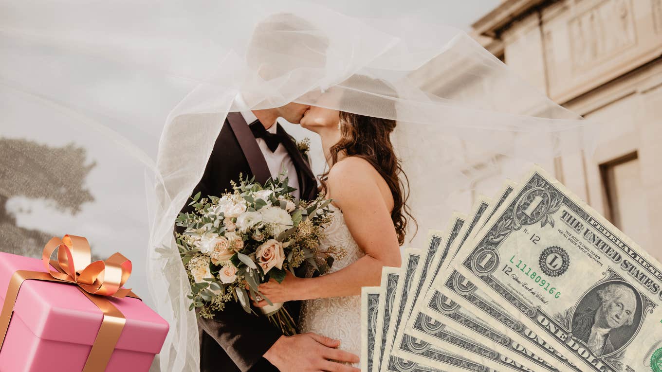 married couple surrounded by gift and cash