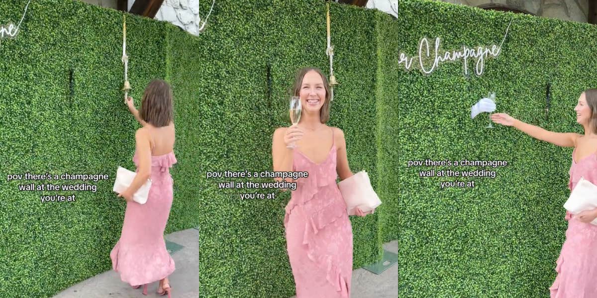 woman getting champagne at wedding from staff behind grass wall