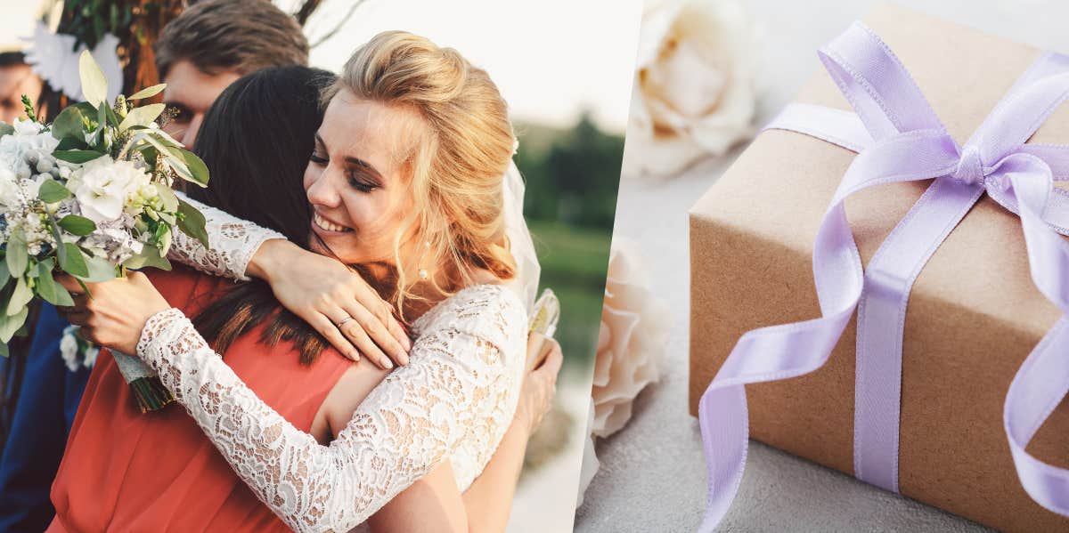 Woman Makes Custom Gift For Bride Instead Of Buying Off Of The Registry bride hugging friend, wedding gift