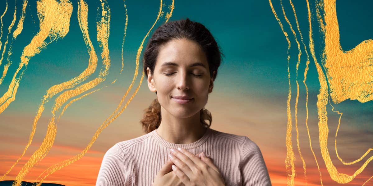 woman with hands on heart in front of a sunset & gold swirls