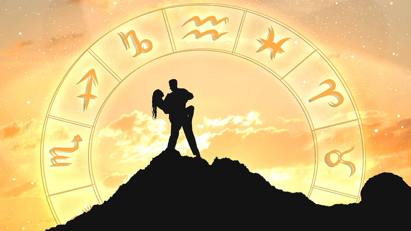silhouette of couple on top of mountain and astrology wheel