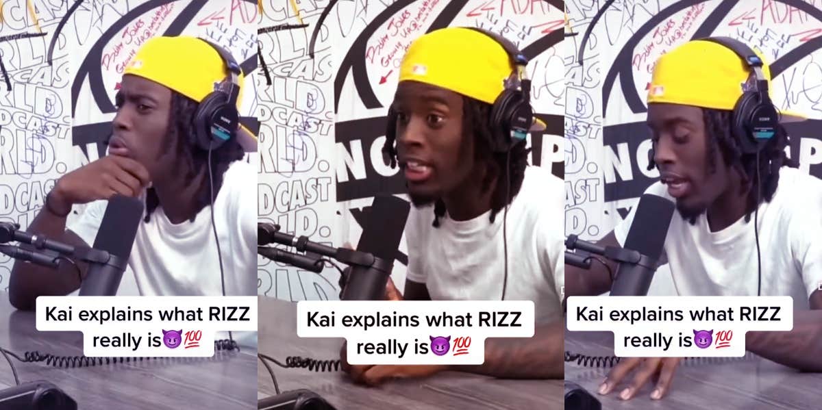 Three screenshots of Kai Cenat in his recording booth, discussing the word rizz.