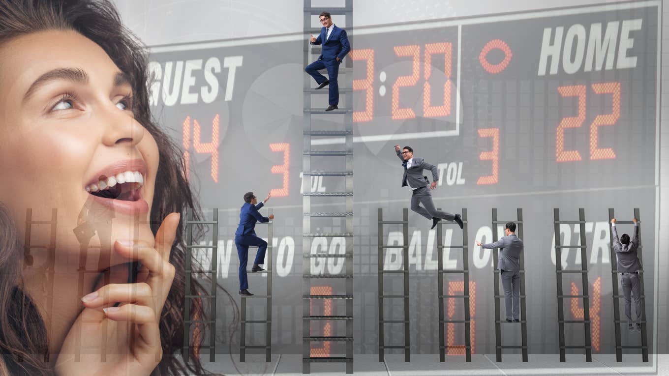 Man climbing all ladders of life and keeping score