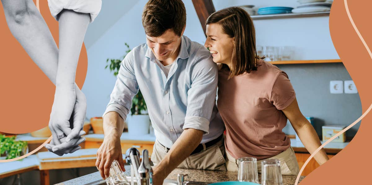 Happy couple doing the dishes