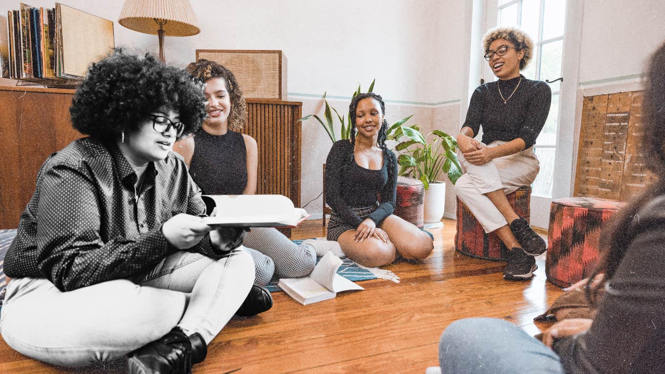 woman in group reading, halfway house