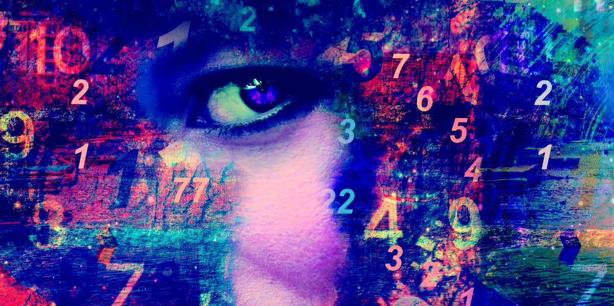 woman's face behind swirling numbers