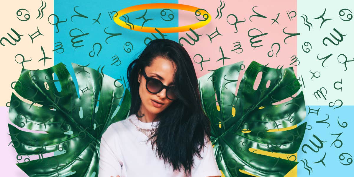 What Is The Best Zodiac Sign? woman with halo and monstera leave wings, zodiac sign symbols