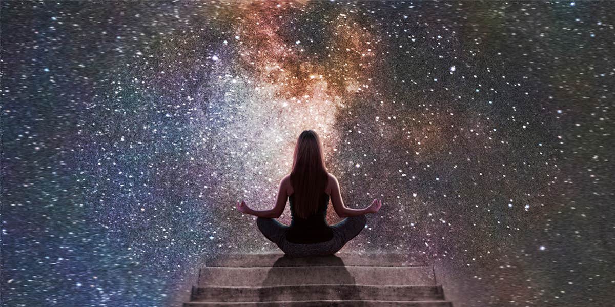universe, figure meditating on stairs
