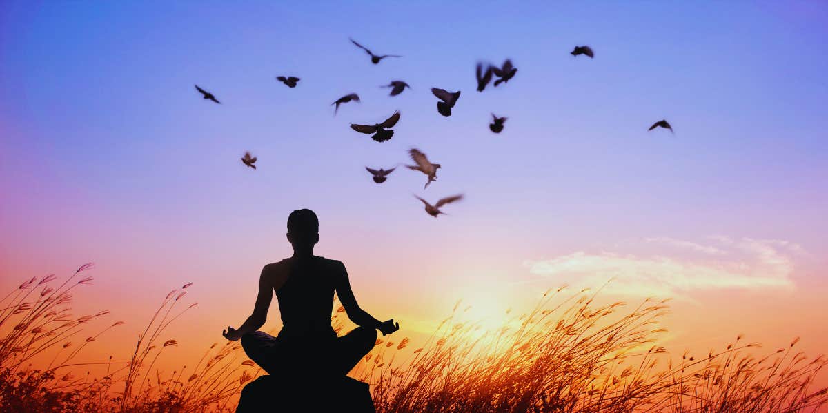 person meditating with birds overhead