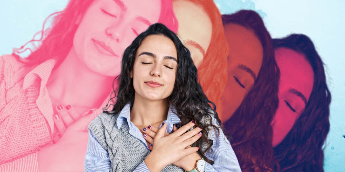 woman with eyes closed hand over heart
