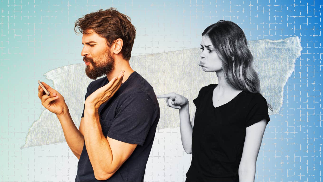 What Men Really Mean When They Say You're 'Too Needy' Woman poking boyfriend, being 'needy'