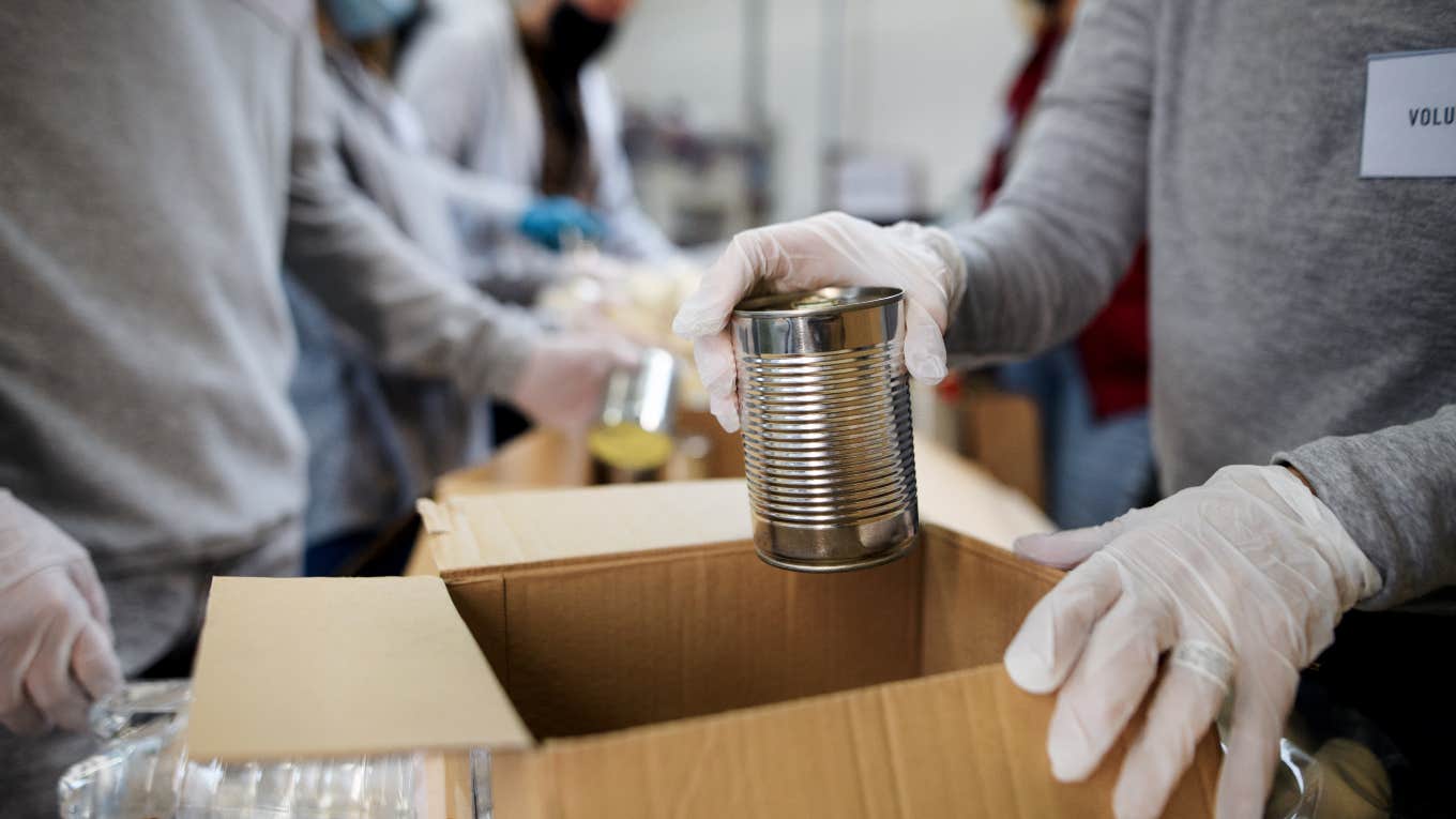 food bank volunteers sorting through food