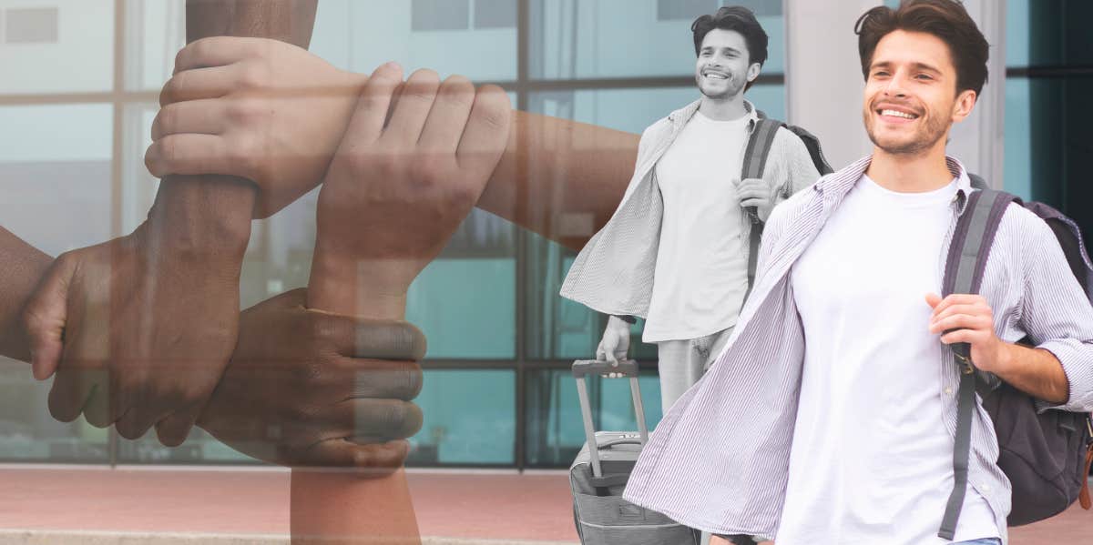 man happily traveling with luggage