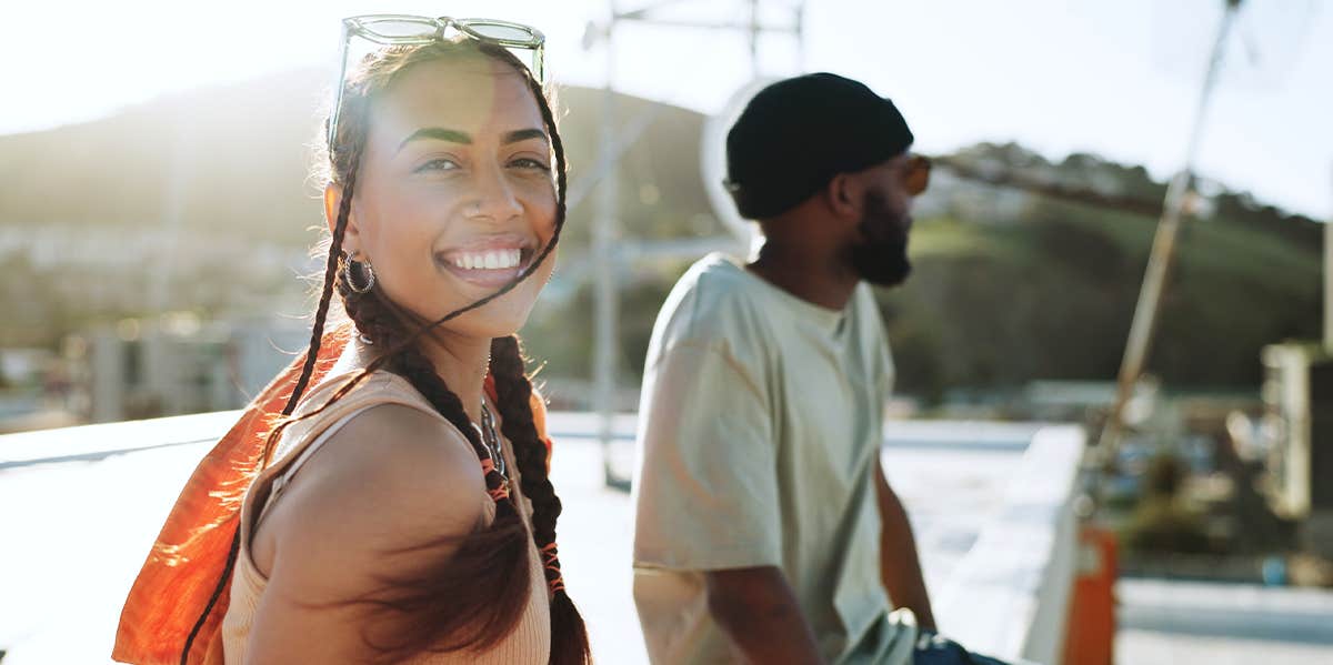 man and woman on date outside