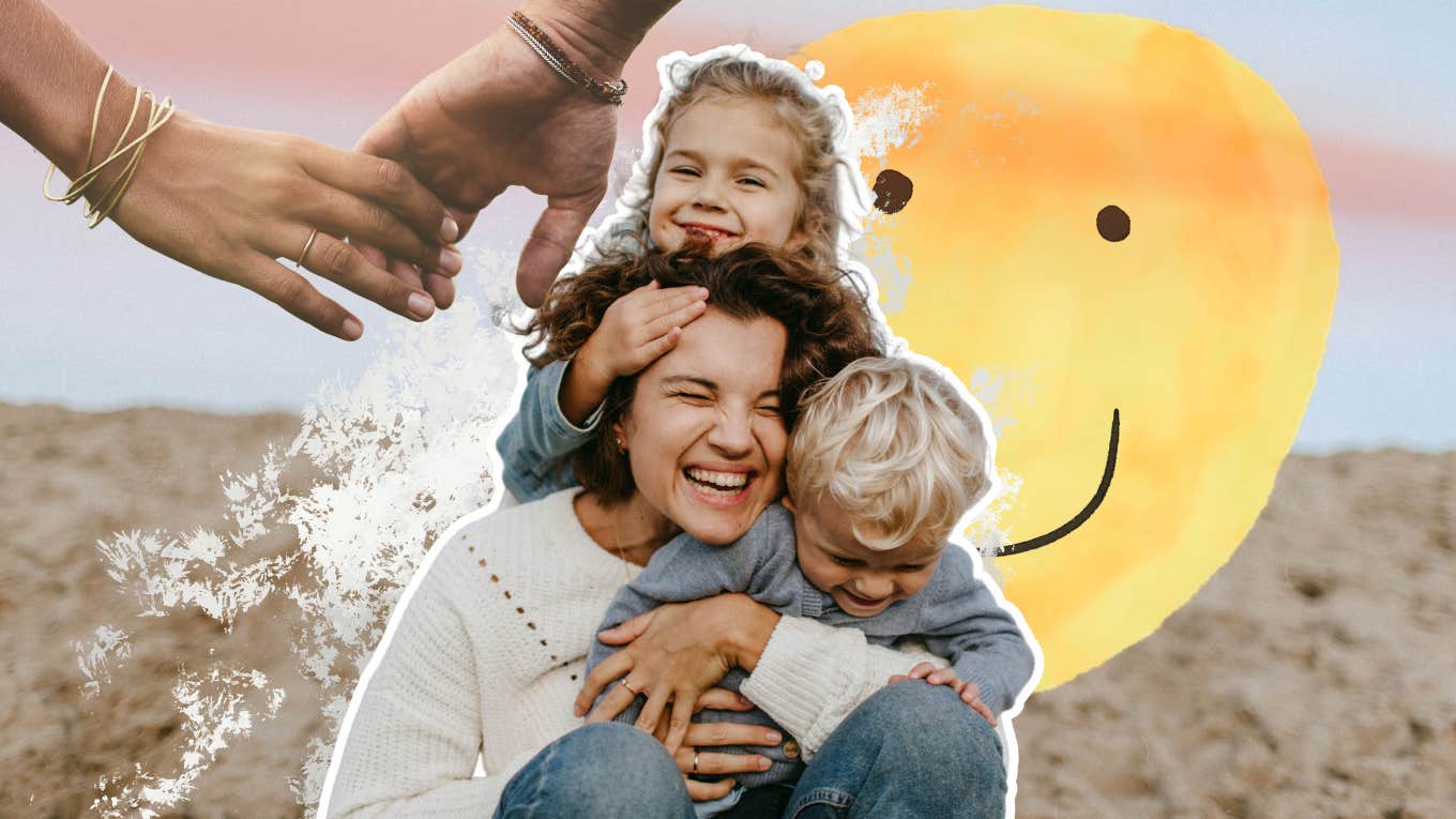 Woman playing with kids, holding partners hand, showing and sharing kindness 