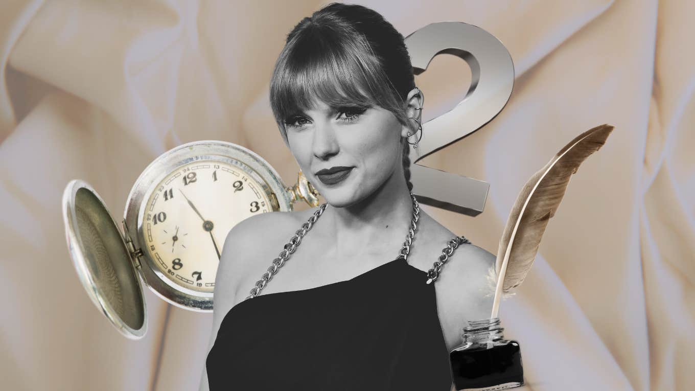 Taylor Swift with an ink quill, a clock, and the number two. 
