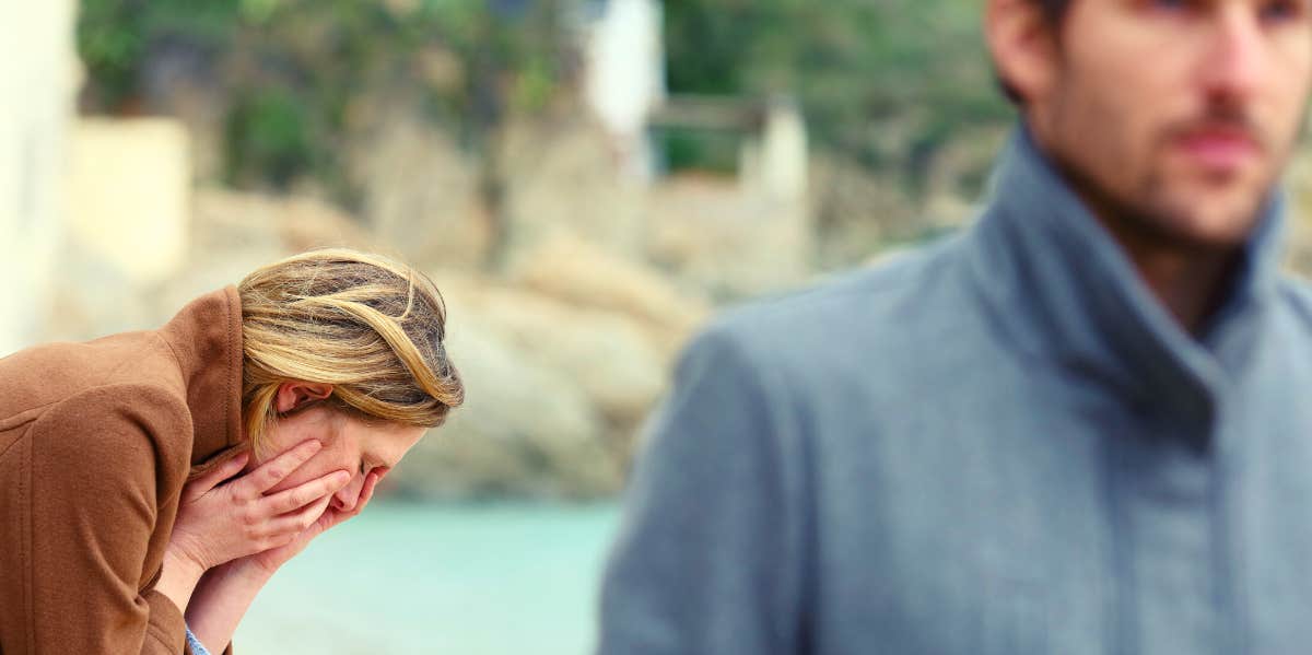3 Reasons Men Eventually Leave Good Women sad woman with head in her hands as man walks away