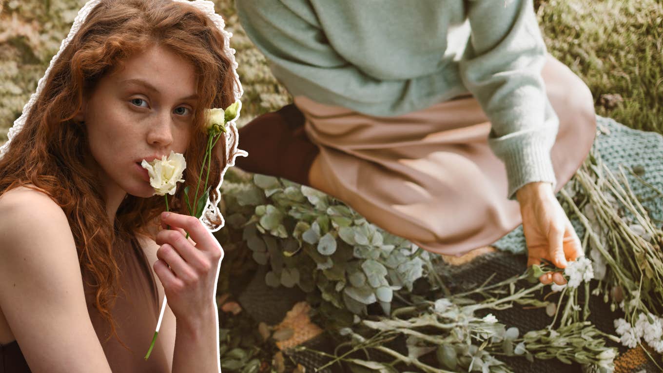 Woman picking and eating flowers