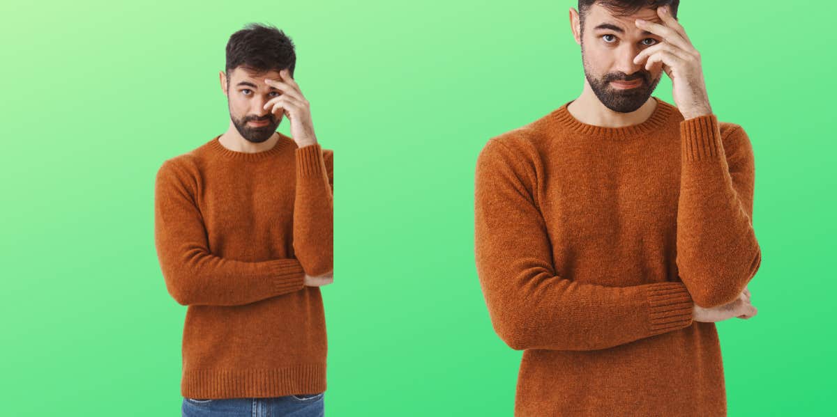 nervous guy in front of a green background