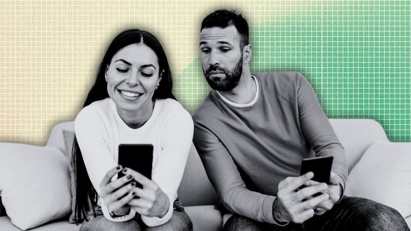 Why Men & Women Test Each Other And What To Do About It Man looking over woman’s shoulder at her phone
