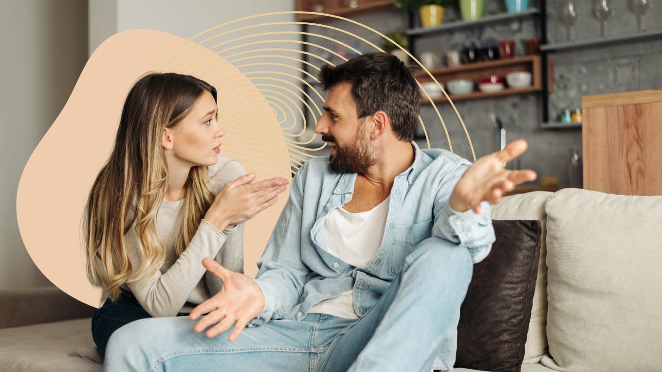 couple arguing with each other while on the couch