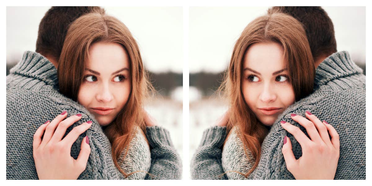 why so many people cheat, insights form a sociologist woman looking sideways as husband hugs her