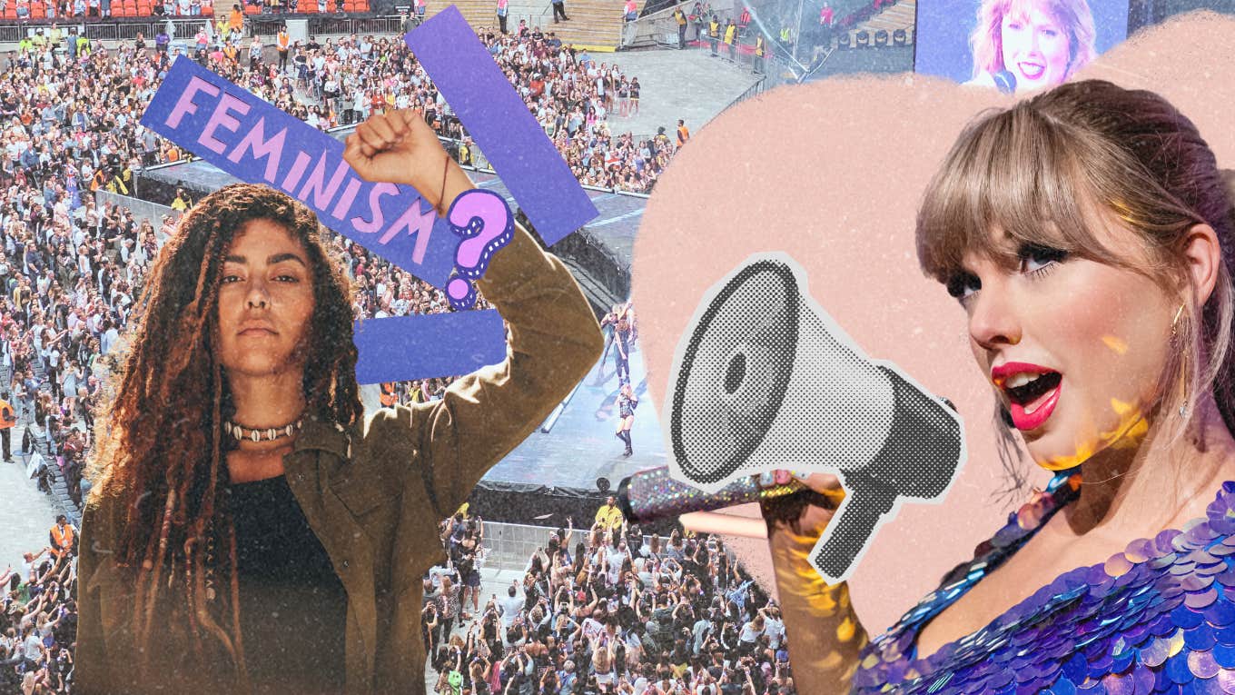 Why Taylor Swift Fans' Use Of 'Weaponized Feminism' Is So Dangerous Taylor Swift and a young woman against a colorful background