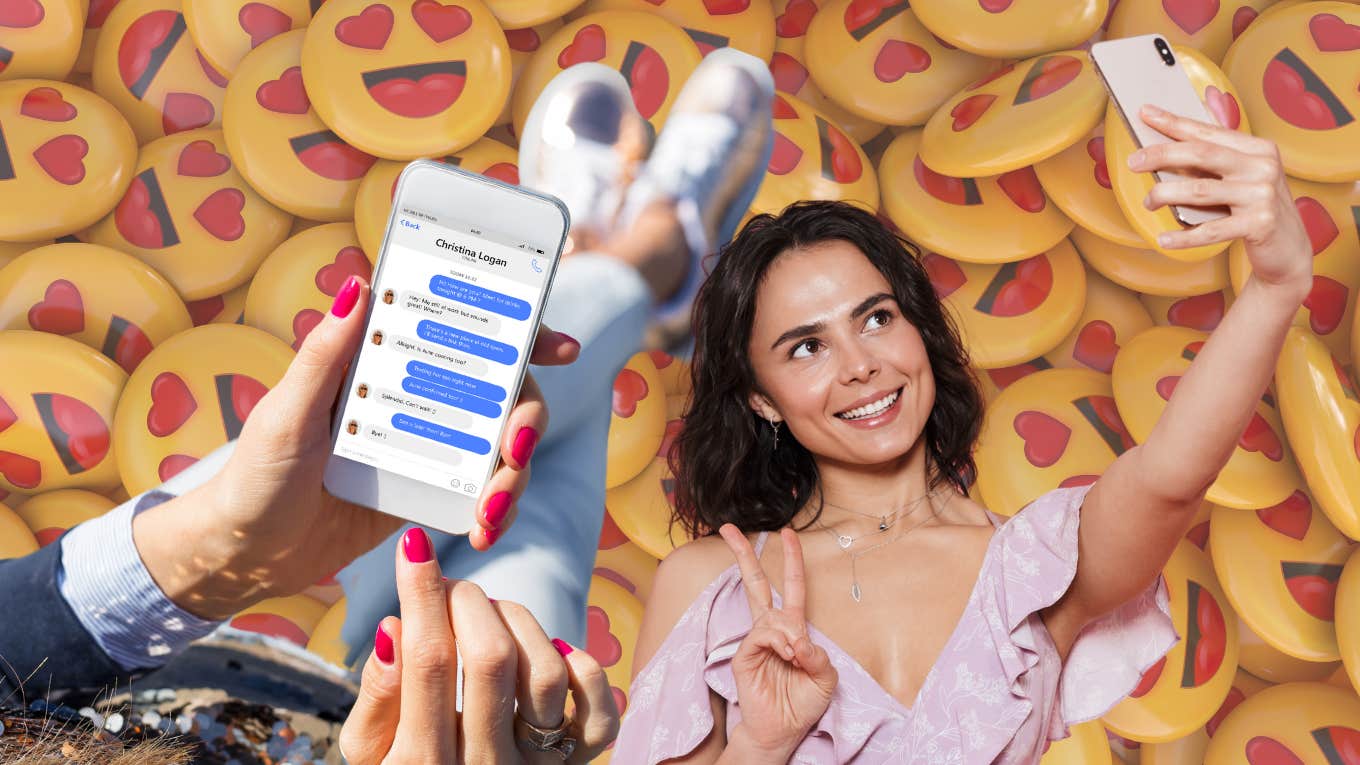 woman texting a man on messenger obsessively, taking selfies