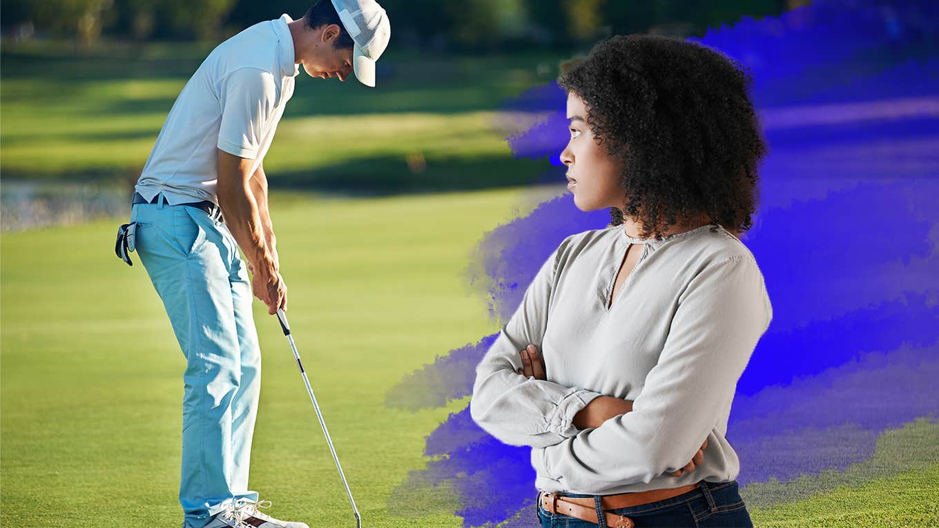 Man golfing and woman looking upset