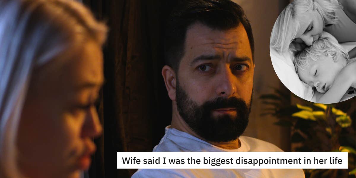 Wife Calls Her Husband The Biggest Disappointment In Her Life After He Can't Put Their Kids To Bed sad man with disappointed wife