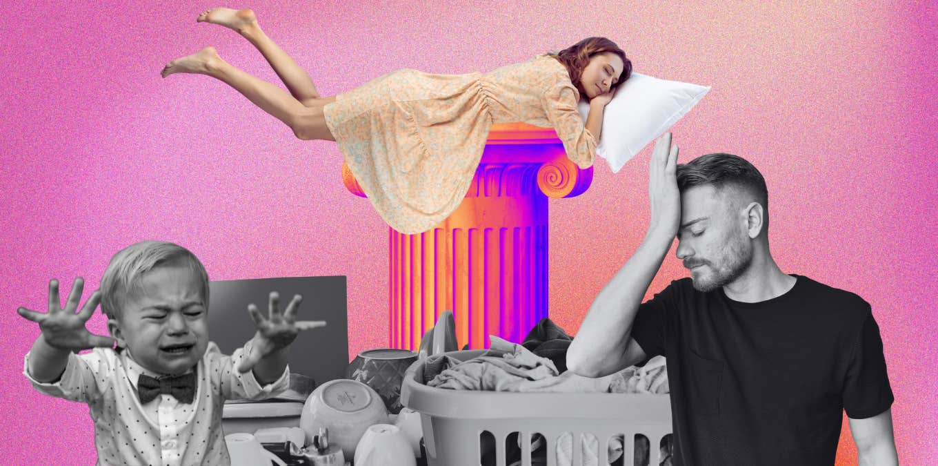 Husband Gives His Wife The Cold Shoulder For Taking A Day Off woman napping, baby crying, dirty dishes and laundry, upset man