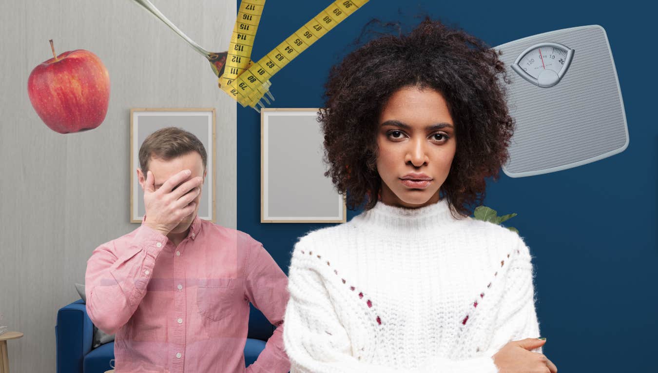 Wife Wonders If She Messed Up Asking Her Husband To Lose Weight Woman looks solemn in front of embarrassed man.