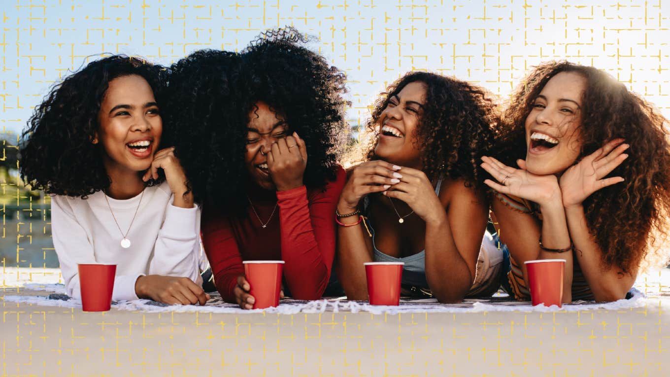 Wine Mom Culture Excludes Black Mothers Friends of color, laughing with each other