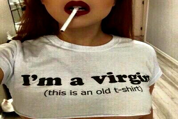 Woman in a virgin shirt.