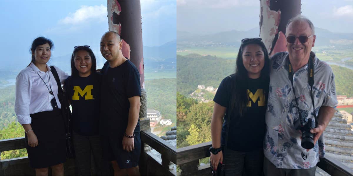 An image of Zoë Halbeisen with her birth parents, Chen Xin Zhong and Wang Xu Mei, next to a photo with her father, Stephen Halbeisen.