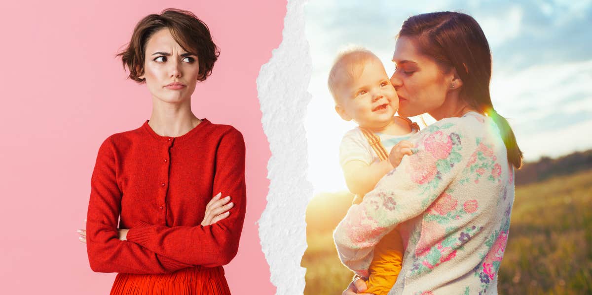 Childless Woman Is Tired Of Her Coworker Talking About Her Kids Woman annoyed look, mom holding baby