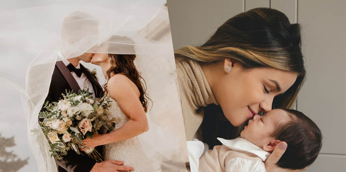 Bride and groom kissing, mother holding newborn baby