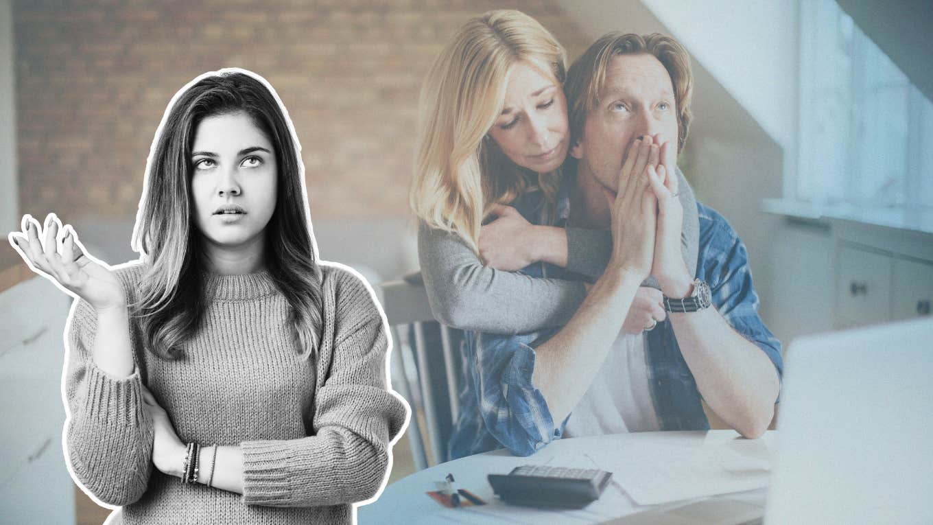 upset woman and couple going over finances