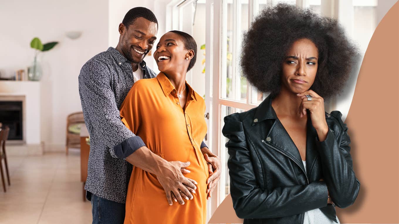 Woman Catches Friend's Husband With Pregnant Woman woman suspicious of man with pregnant woman