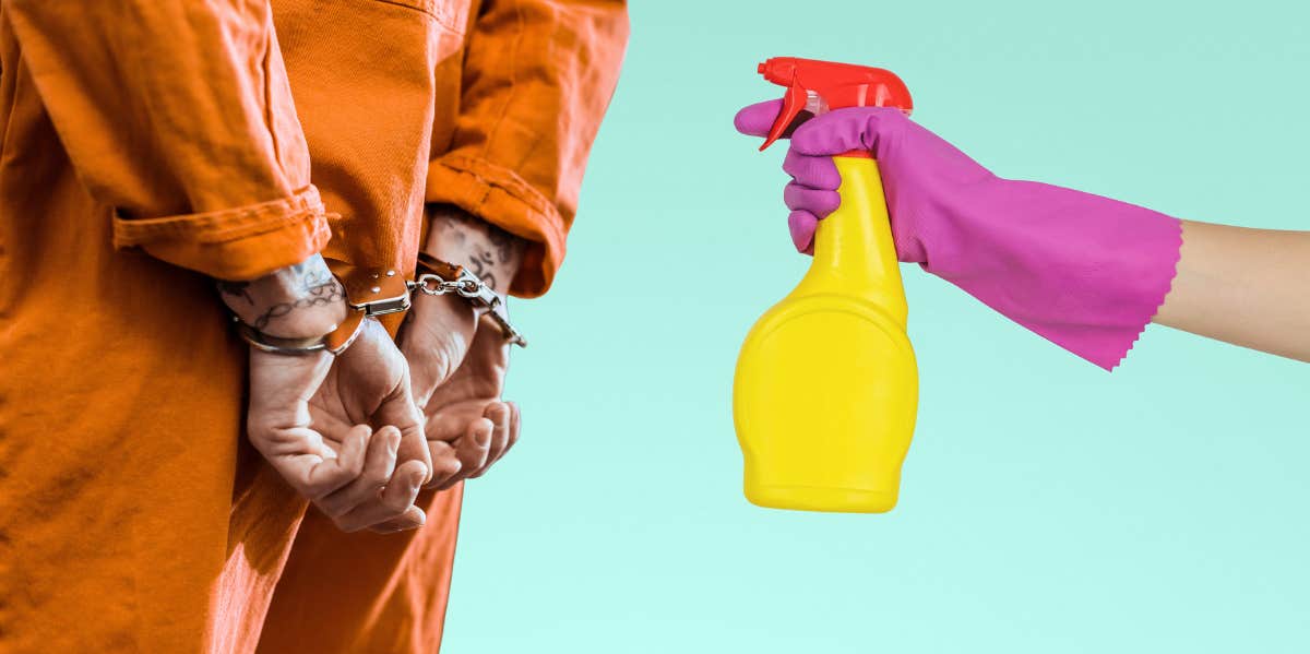prisoner in handcuffs and person cleaning