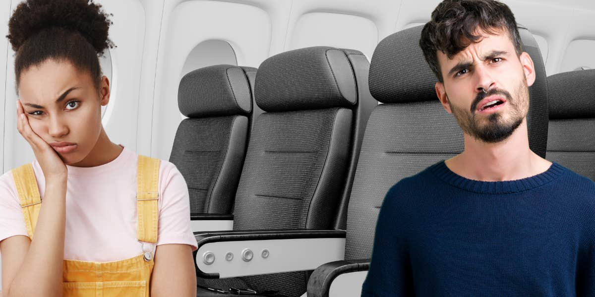 woman staring with indifferent expression, man looking shocked, airplane seats