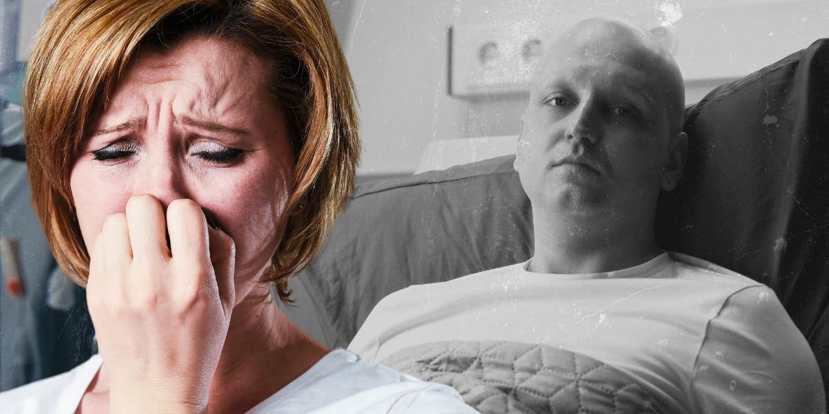 A woman is crying next to a man with a shaved head