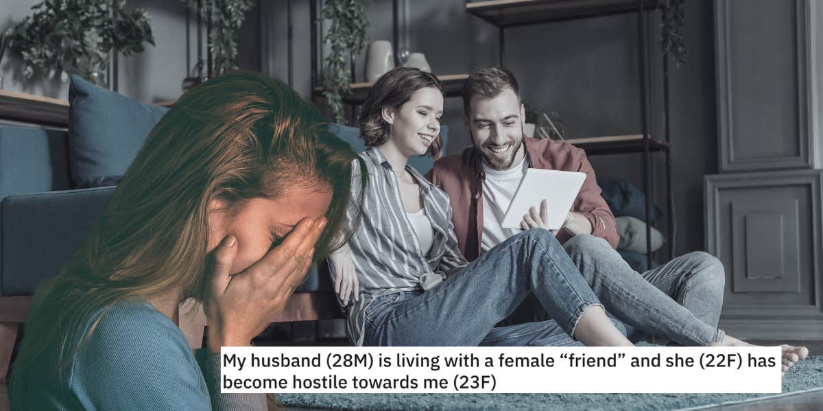 Woman Says Her Husband Has Began Living With Female Friend While Trying To Work On Their Marriage Couple sitting in living room, woman with hands over face, reddit title post