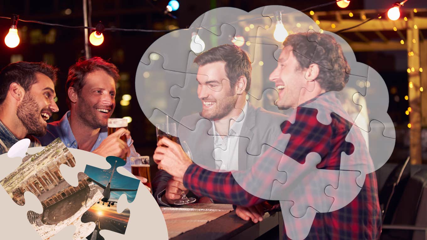 Woman Details Three Things All Men Think About That Have Her Convinced They All 'Share A Brain' Men at a bar drinking, while chatting