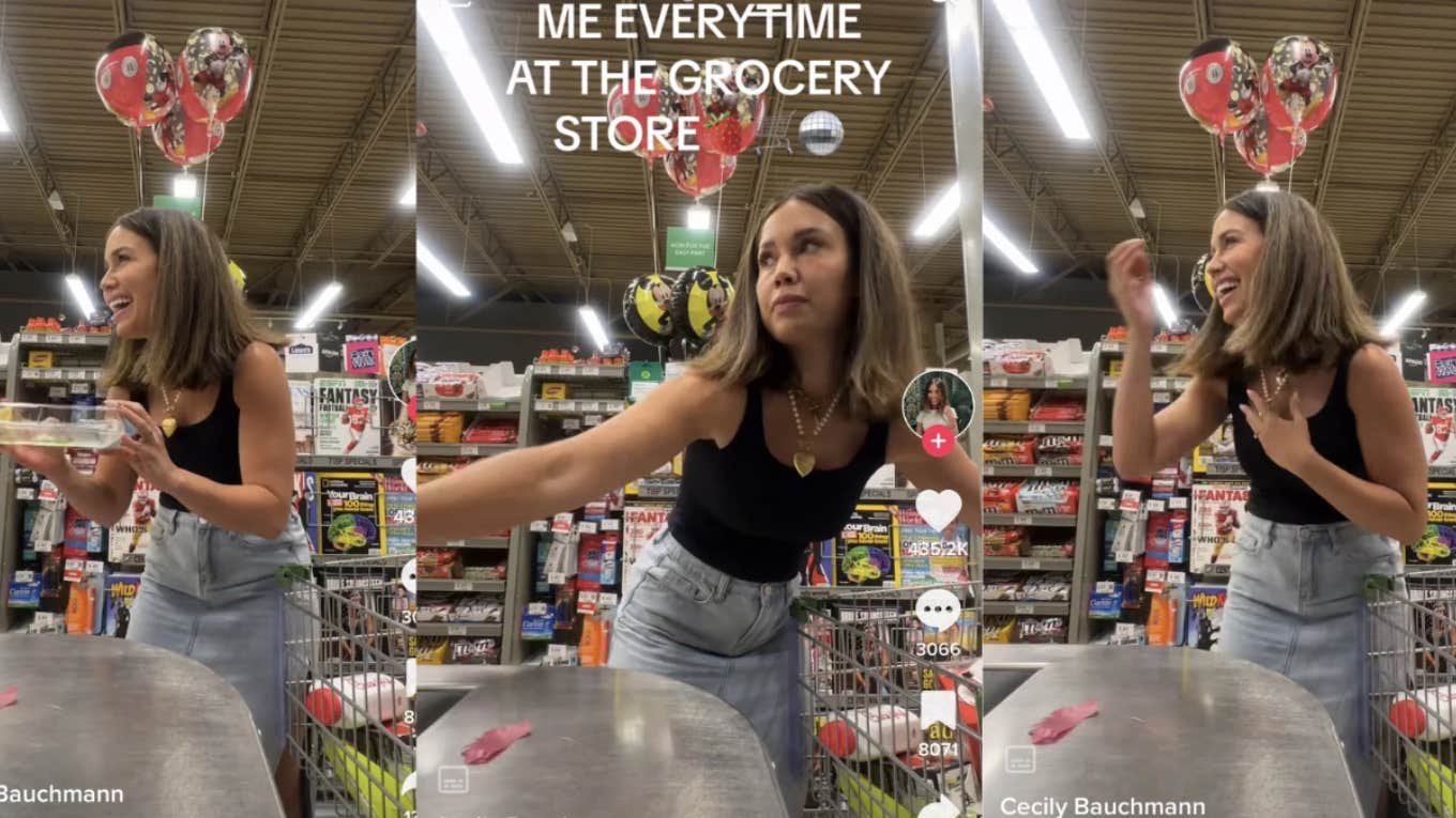 cecily bauchmann checking out at grocery store